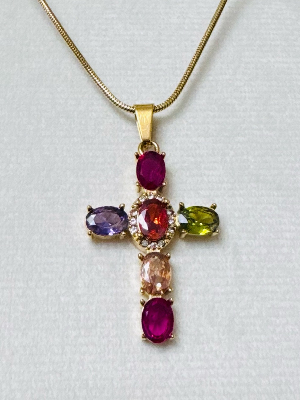 Multicolor Gem Cross Pendant Necklace - Gold